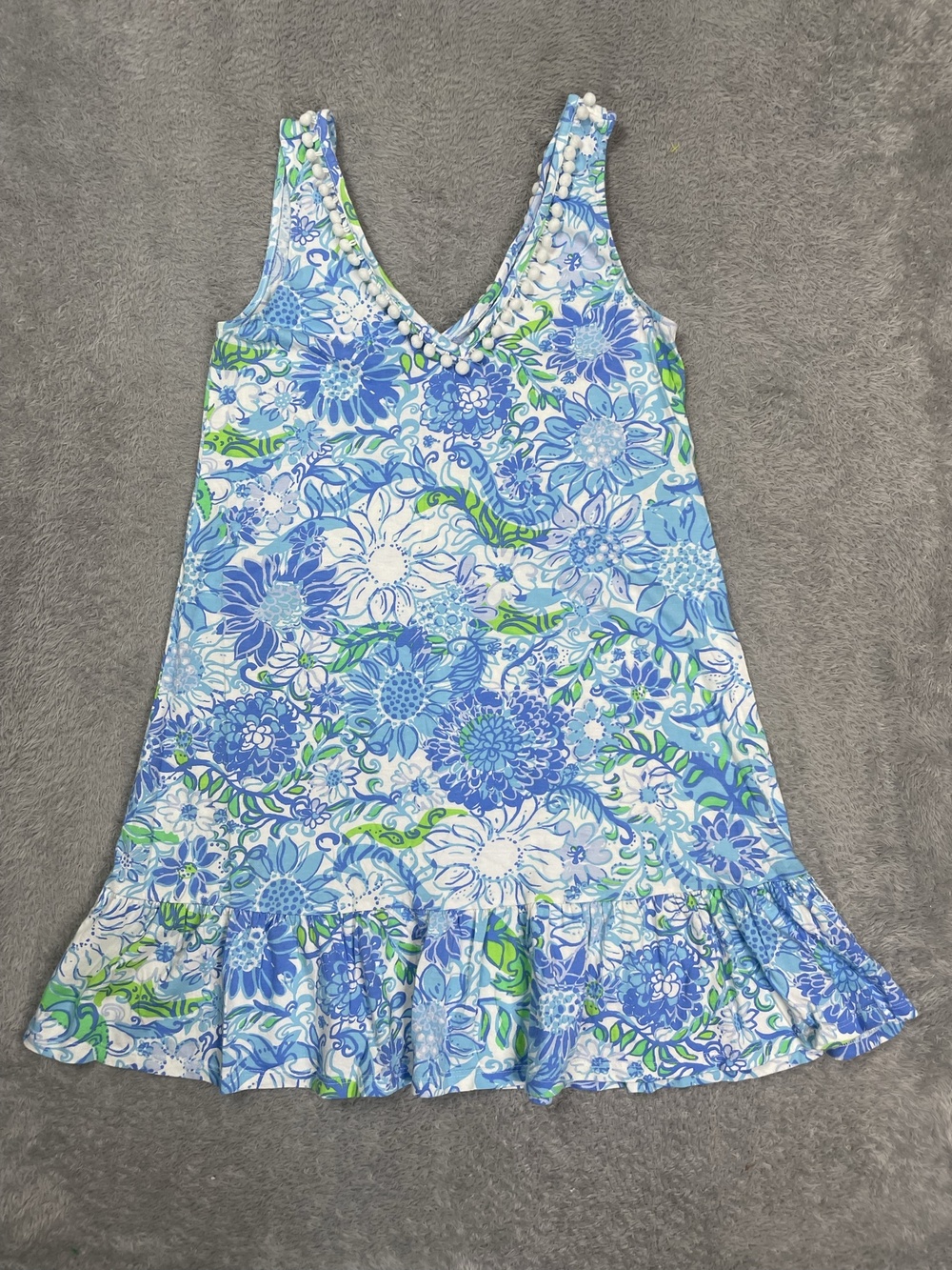 Lilly Pulitzer Sundress Womens S Blue Floral V Neck Ruffle Cotton Knit